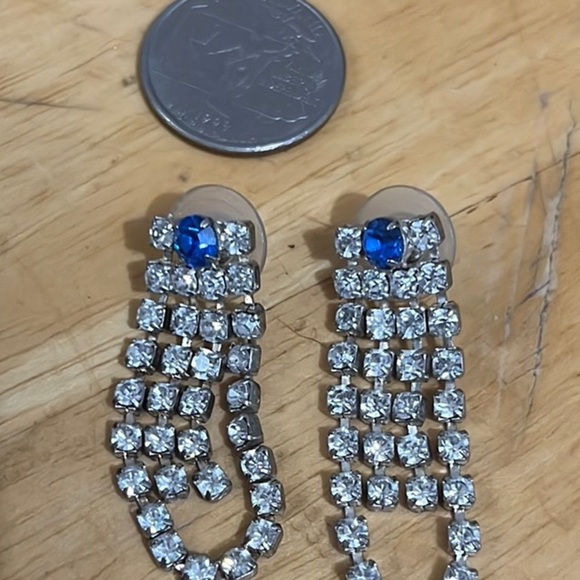 Vintage  Blue and Clear Rhinestone Silver Dangle Pierced Earrings - Picture 4 of 4